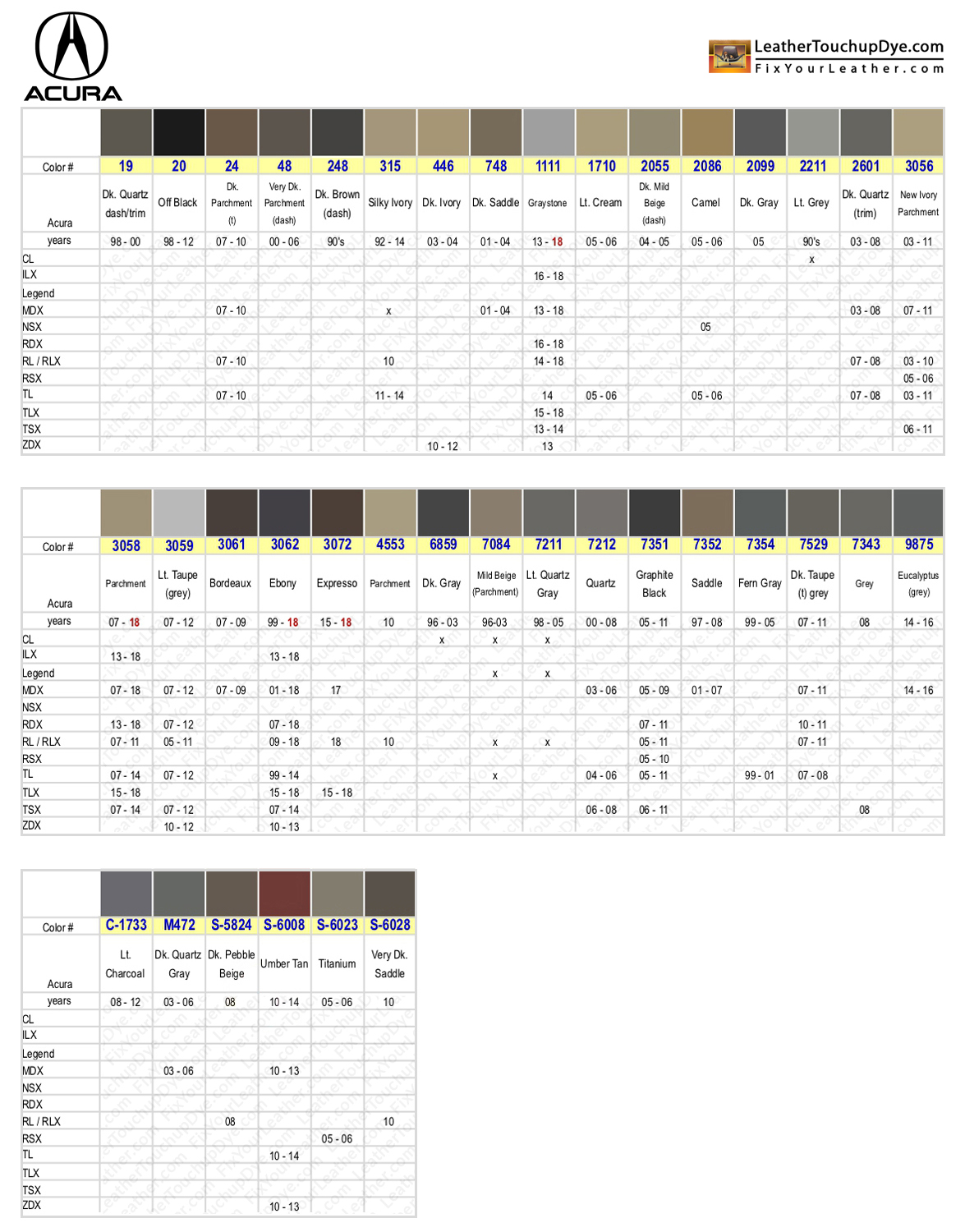 Leather Repair Color Chart