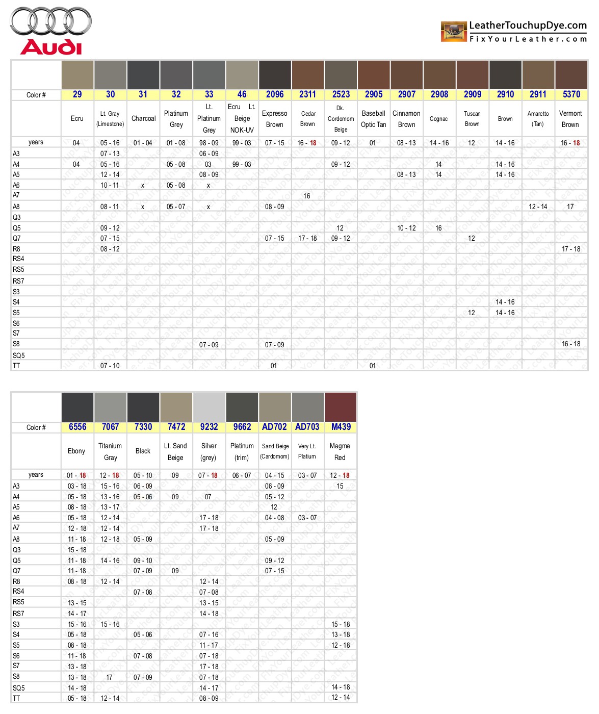 Leather Repair Color Chart