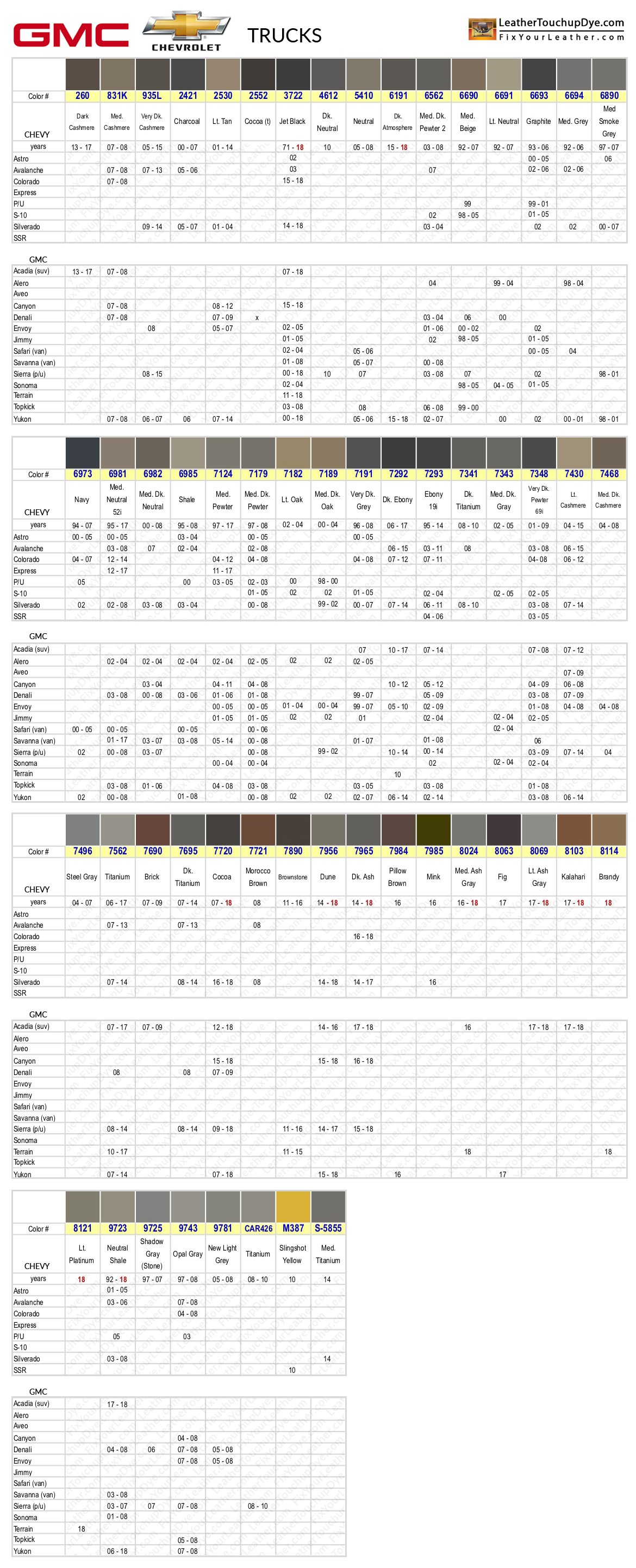 Leather Repair Color Chart