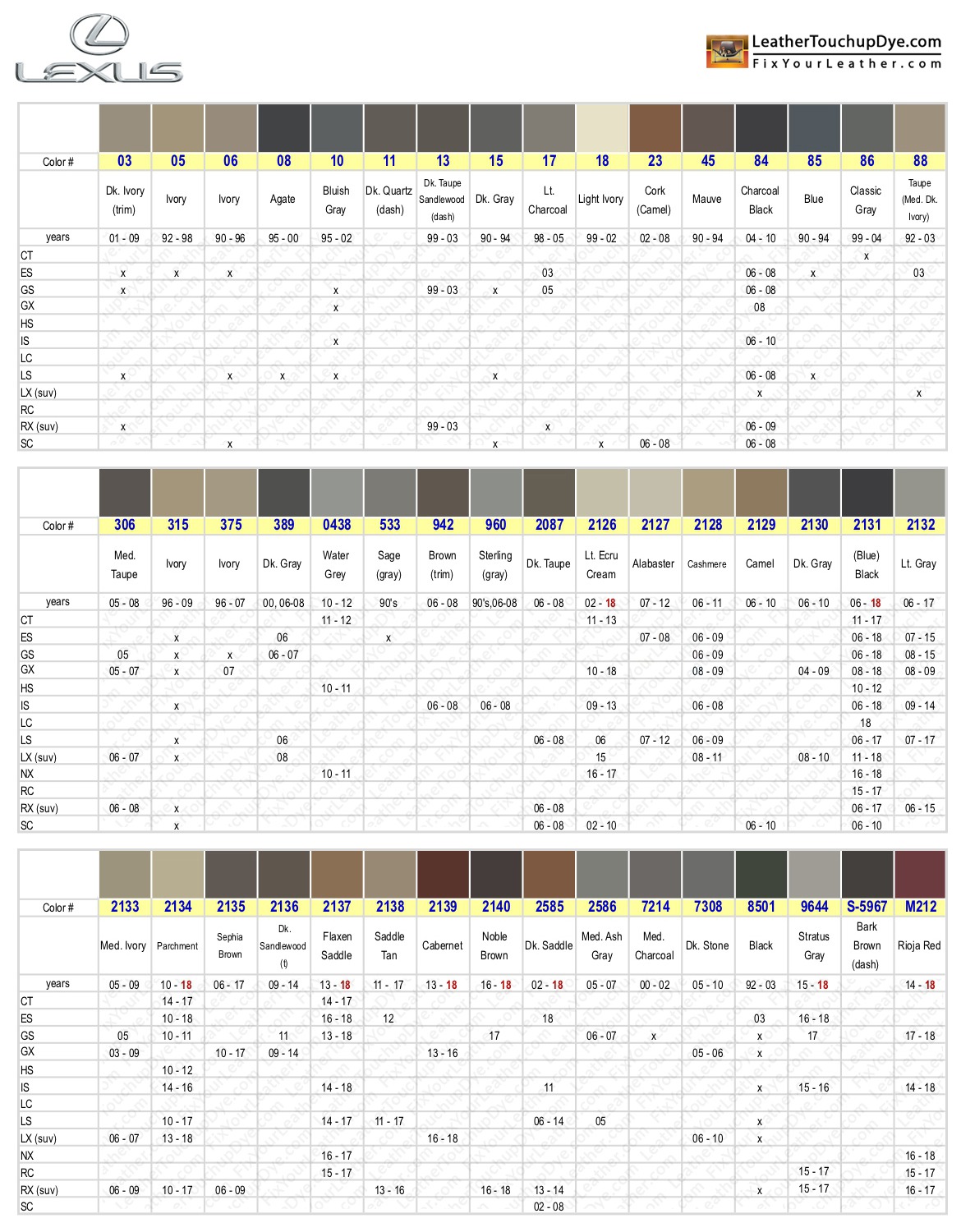 Lexus Leather Color Chart